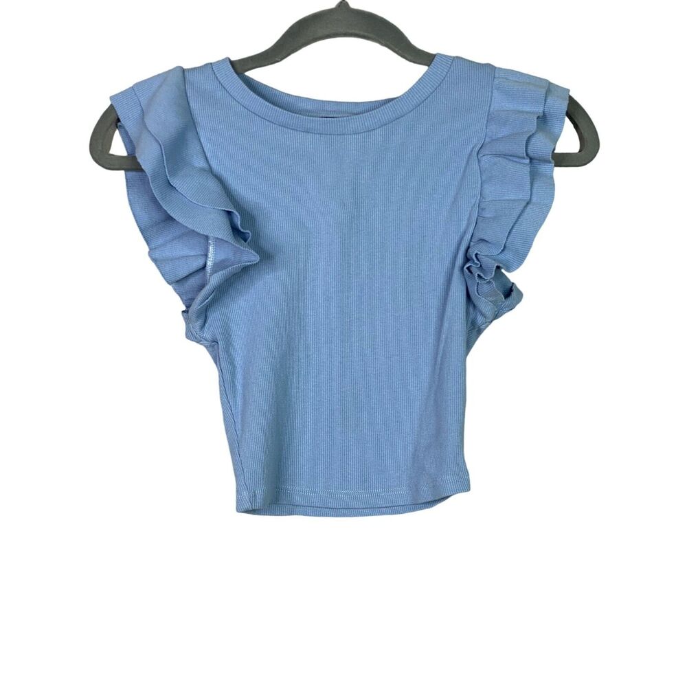 ZARA Stretch Cotton Ruffled Short Sleeve Crop Top Fitted Round Neck S Baby Blue